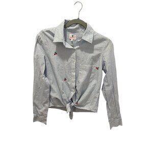 Sundry Womens Striped Button-Up Shirt With Cherry Embroidery & Tie Front Size 0